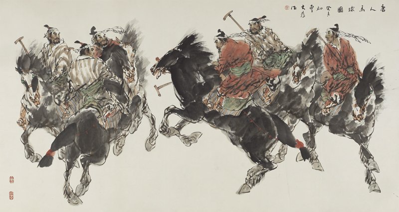 劉大為〈唐人馬球圖〉，設色紙本鏡心，180.5×96厘米。