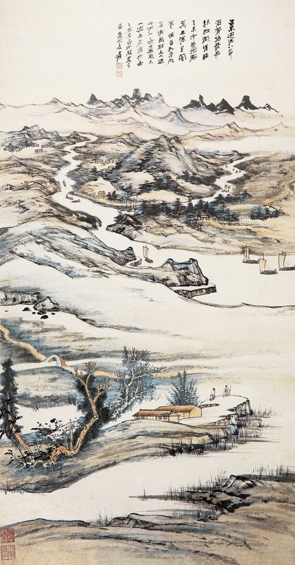 張大千〈春江帆影〉，131×70.5厘米。