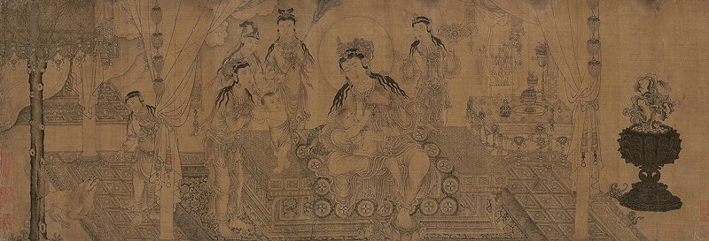 元王振鵬〈姨母浴佛圖〉卷，絹本水墨，31.9×94.4厘米，美國波士頓美術館藏。圖／上海博物館。