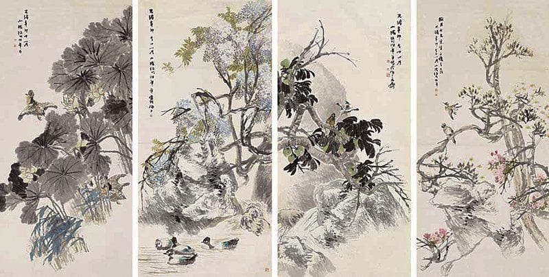 任頤大尺幅作品〈花鳥四條屏〉以1,725萬港元拍出。