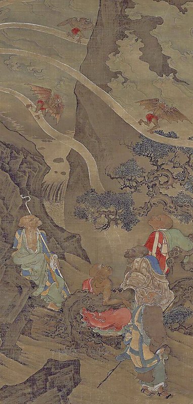 南宋周季常〈五百羅漢．觀舍利光〉軸，絹本水墨設色，111.5×53.1厘米，美國波士頓美術館藏。圖／上海博物館。