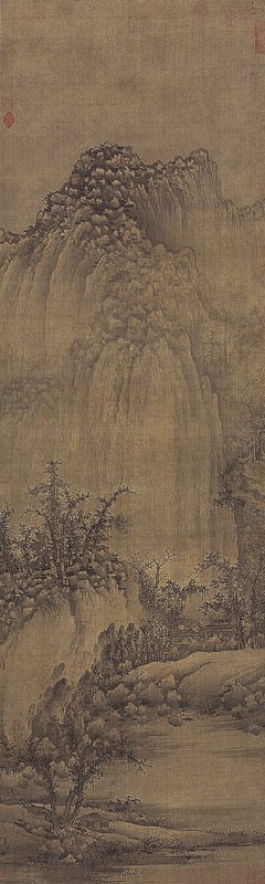 （傳）五代〈溪山蘭若圖〉軸，絹本水墨淺設色，185.4×57.5厘米，美國克利夫蘭美術館藏。圖／上海博物館。