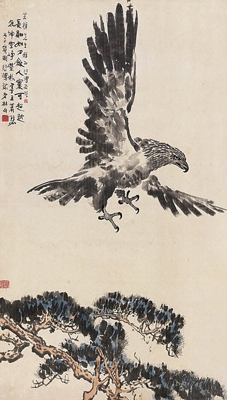 徐悲鴻〈松鷹圖〉寫一展翅雄鷹，以2127.5萬港元成交。