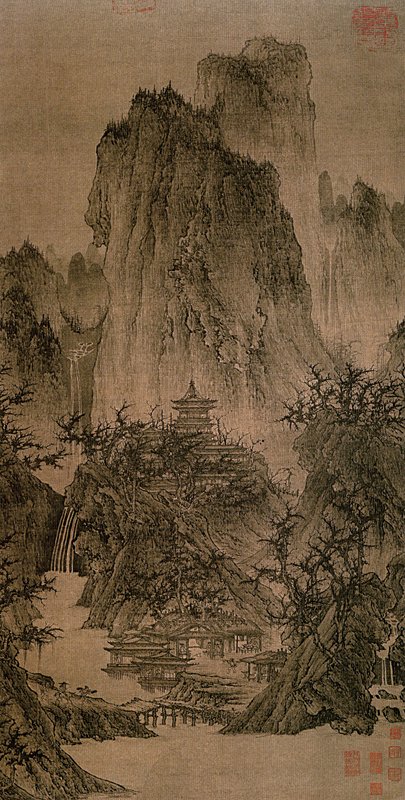 （傳）北宋李成〈晴巒蕭寺圖〉軸，絹本水墨淺設色，111.8×56厘米，美國納爾遜美術館藏。圖／美國納爾遜美術館。