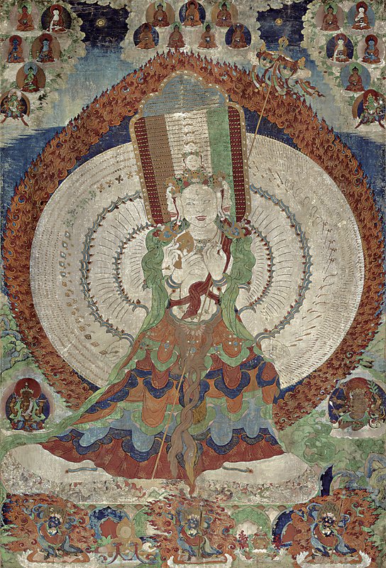18世紀蒙古〈大白傘蓋佛母唐卡〉，棉布礦物膠彩，179×120厘米。