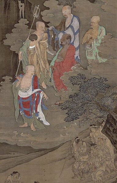 南宋周季常〈五百羅漢．施財貧者〉軸，絹本水墨設色，111.5×53.1厘米，美國波士頓美術館藏。圖／上海博物館。