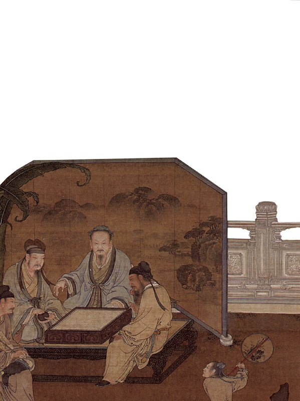 左頁上 〈明人十八學士圖．琴〉軸，絹本設色畫，173.7×102.9厘米。