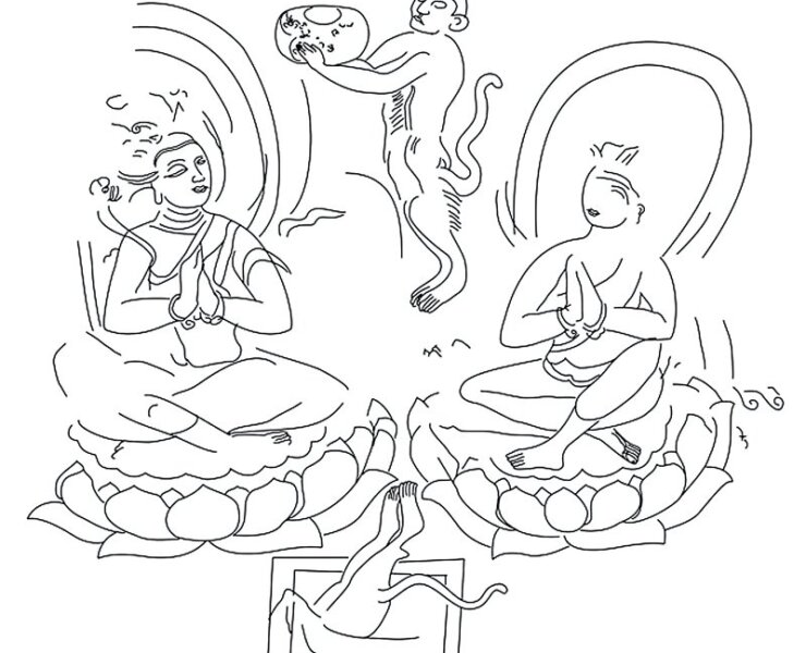 獼猴獻蜜線描圖。