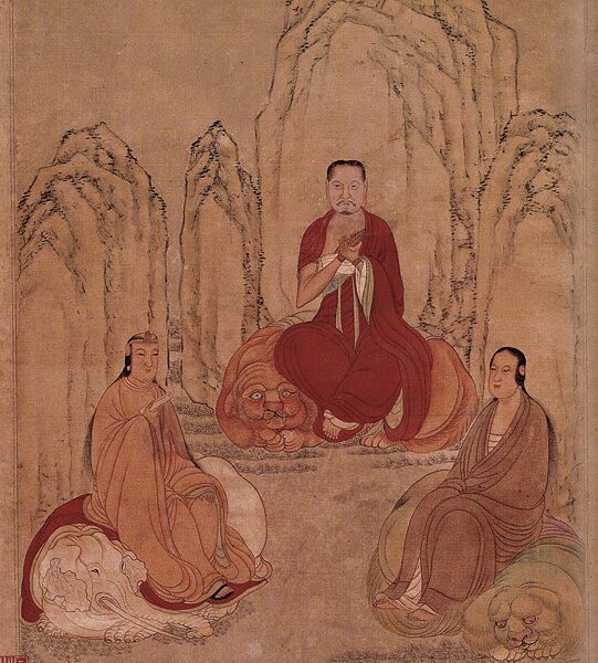 傳仇英〈畫三大士像〉軸，紙本設色，39.8×27.2厘米。此軸曾經清宮修裱，山石上方空白處原紙已經挖除。居中者臉部經修改，已非原貌。畫上雖具「弟子仇英拜寫」偽款，但從畫像面容、衣袍線條、坐騎造型判斷，應屬吳彬作風。