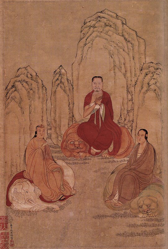傳仇英〈畫三大士像〉軸，紙本設色，39.8×27.2厘米。此軸曾經清宮修裱，山石上方空白處原紙已經挖除。居中者臉部經修改，已非原貌。畫上雖具「弟子仇英拜寫」偽款，但從畫像面容、衣袍線條、坐騎造型判斷，應屬吳彬作風。
