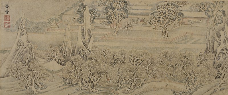 吳彬〈歲華紀勝圖冊〉12開，紙本設色，每開29.4×69.8厘米，以一年時序活動為主題，與明人生活逸事相呼應，兼具有月令歲時與佳景記勝特色。圖為〈賞雪〉。