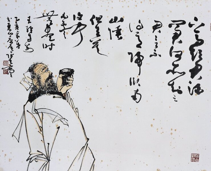 張光賓1995年81歲〈王維《送別》詩意〉，64×84厘米。「下馬飲君酒，問君何所之。君言不得意，歸臥南山陲。但去莫復問，白雲無盡時」，久懸於張光賓之麗山寓廬牆上，畫中減筆人物，神思沖和，手掌碩大，衣紋解脫，直似攬鏡自得。