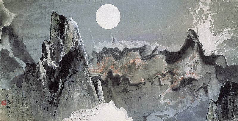 1974年作〈錢塘潮〉，45×87.5厘米，水拓法。