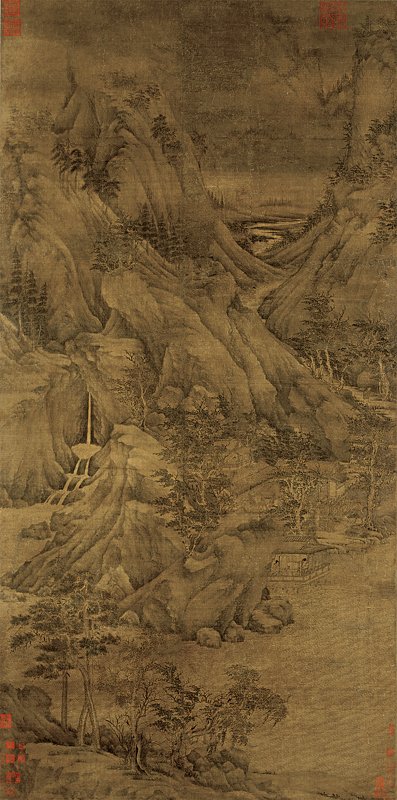 （傳）五代董源〈溪岸圖〉軸，221.5×110厘米，美國紐約大都會博物館藏。