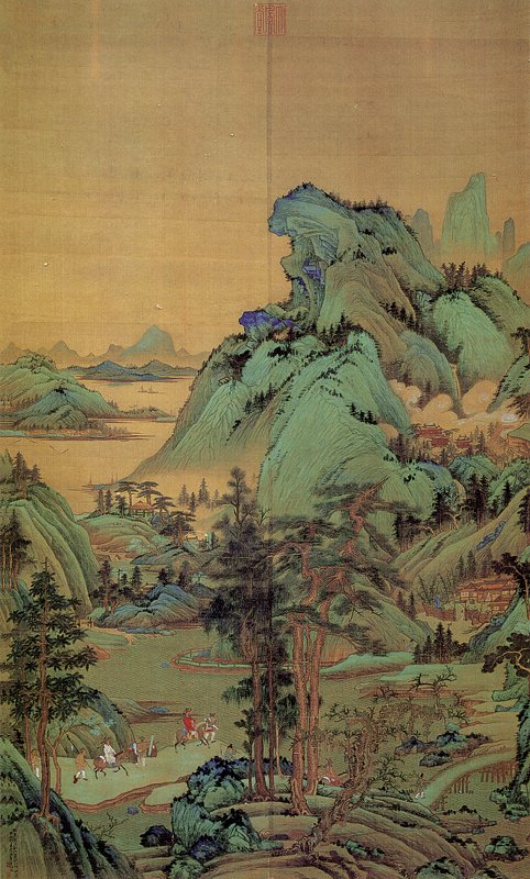 民國張大千〈臨董源江堤晚景圖〉軸，198×117.5厘米，台北故宮博物院藏。