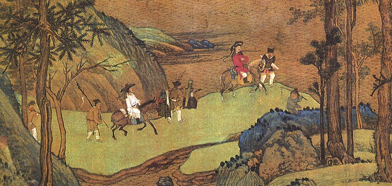 （傳）五代董源〈江堤晚景圖〉軸，江畔行旅主題，台北故宮博物院藏，局部。