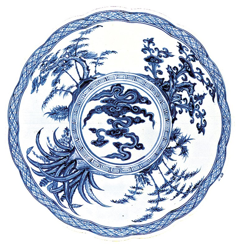 15世紀中期〈青花仙山樓閣紋菊瓣大碗〉，高13厘米、口徑30.2厘米。上海博物館副館長汪慶正於《天民樓珍藏青花瓷器》提到：「天民樓所藏青花仙山樓閣紋菊瓣大碗，胎、釉細膩，青花發色豔麗、畫工精緻，碗心之綬帶雲紋為明顯的官窯系統紋飾，這是一件典型的宣德以後，成化之前的三朝無官款的官窯器。這種大碗目前僅見二件。」圖片出自《天民樓青花瓷特展》。