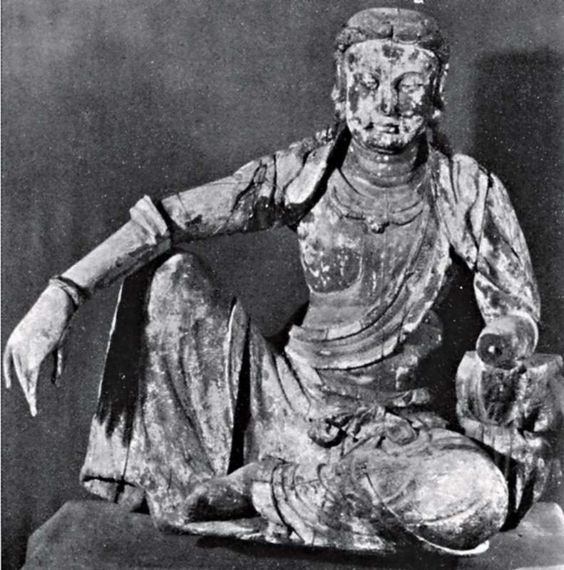 台灣私人收藏之宋〈木雕彩繪水月觀音坐像〉及其1932年時於法國巴黎「達古齋霍明志高古木雕佛像拍賣」中的舊照。