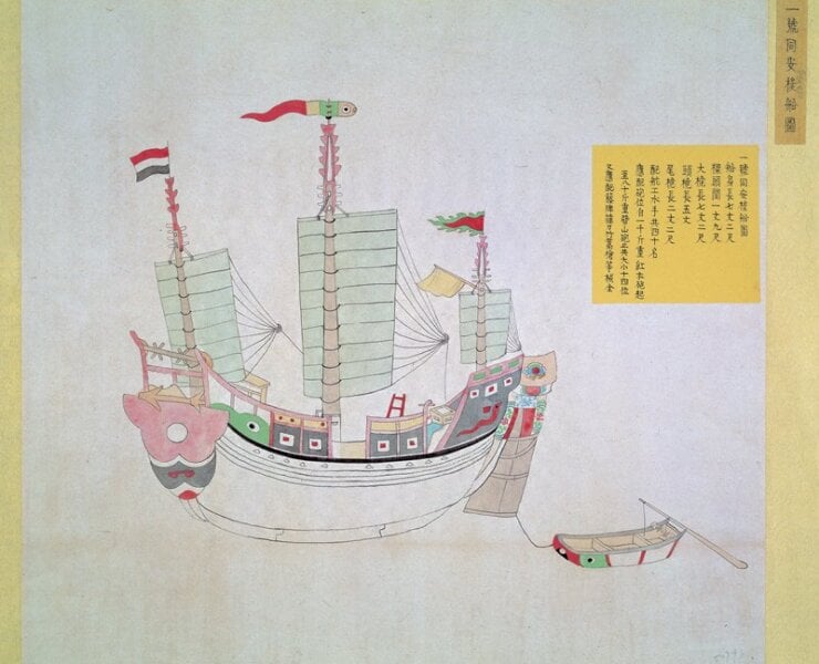 〈一號同安梭船圖〉清閩浙總督汪志伊奏《軍機處檔奏摺錄副》，嘉慶二十二年正月二十七日，35×39.5公分，台北故宮藏。