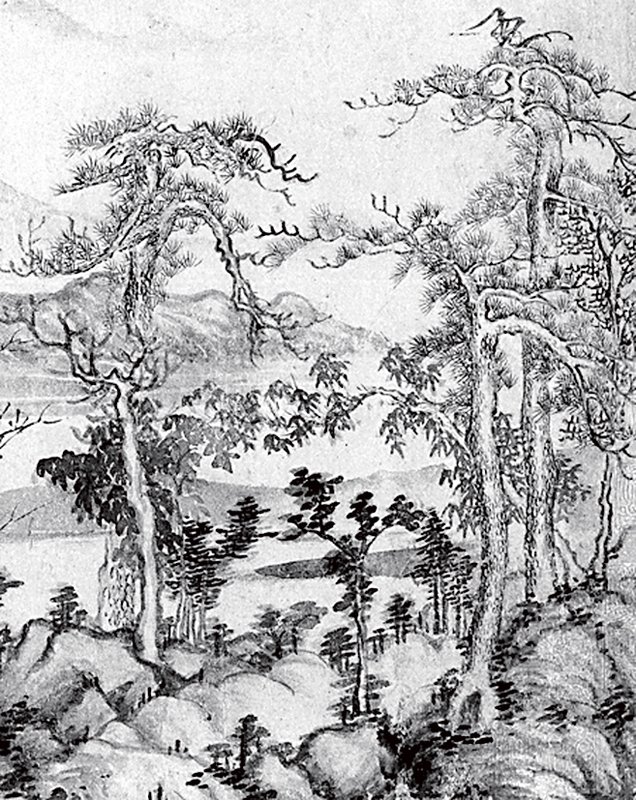 「國博本」（上）與「嘉德本」（下）黃公望〈溪山雨意圖〉局部，近景樹石細部比較。