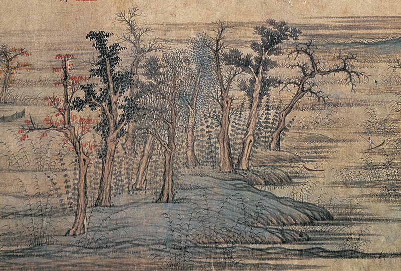 元倪瓚〈水竹居圖〉（上）與趙孟頫〈鵲華秋色圖〉（下）繪畫技法之比較。
