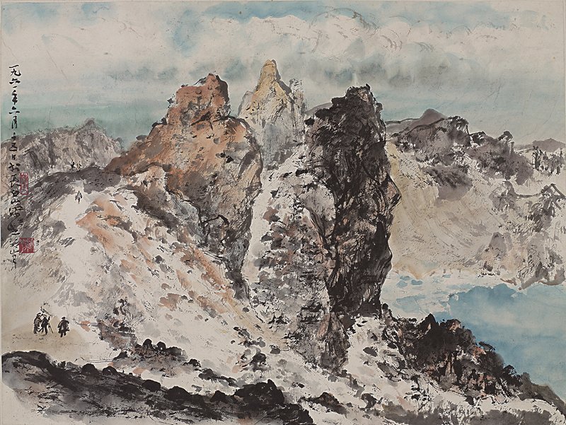關山月1961年6月15日〈長白山天池〉，紙本設色冊頁，43.5×58厘米，關山月美術館藏。