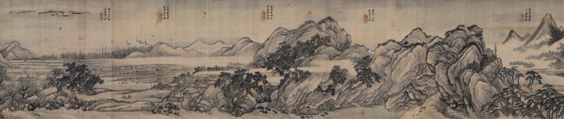 中國嘉德2011年秋拍編號1259清代王翬1710年作〈唐人詩意圖〉局部,設色絹本手卷,42.5×505公分,估價待詢,成交價人民幣1億2,650萬元。