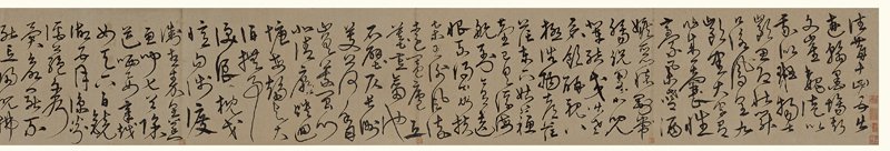 中國嘉德2009年秋拍編號1434明代宋克〈草書杜子美壯遊詩〉局部,墨書紙本手卷,28×600公分,估價人民幣650萬~950萬元,成交價人民幣6,832萬元。