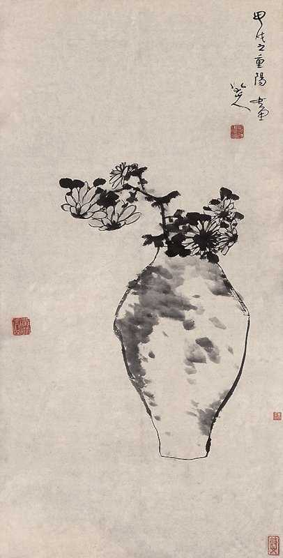 中國嘉德2008年春拍編號1312清代朱耷1694年作〈瓶菊圖〉,水墨紙本立軸,90.5×46.5公分,估價人民幣1,000萬~1,500萬元,成交價人民幣3,136萬元。