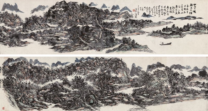 中國嘉德2011秋拍編號1213黃賓虹1952年作〈山川臥遊卷〉局部,設色紙本,40.5×305厘米,