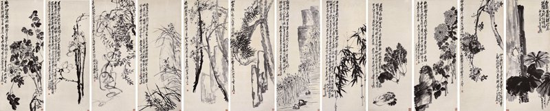 中國嘉德2004春拍編號483吳昌碩1916年作〈花卉十二屏〉,水墨紙本,每屏133.5×52.8公分,估價人民幣200萬~300萬元,成交價人民幣1,650萬元。