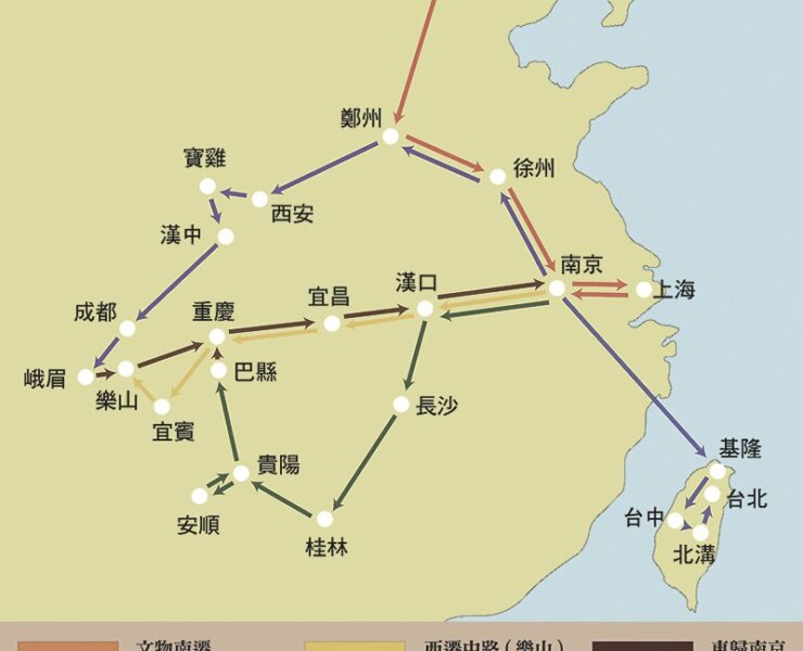 故宮國寶南遷路線圖，參考自「故宮文物南遷史料陳列館」網站。圖表繪製／蘇玲怡。