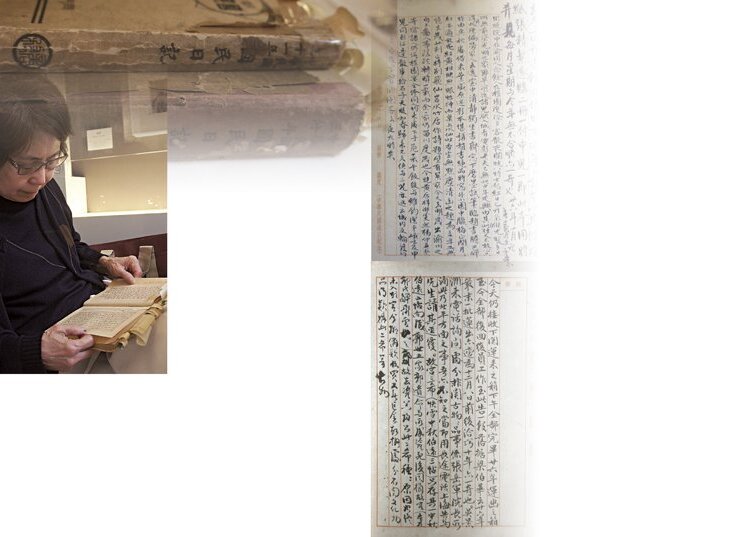 陳夏生在典藏茶館翻閱莊嚴日記。攝影／藍玉琦。 莊嚴日記。攝影／藍玉琦。