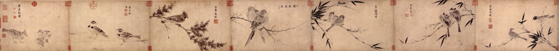 中國嘉德2002年春拍編號819宋徽宗〈寫生珍禽圖〉局部,水墨紙本手卷,27.5×521.5公分,估價待詢,成交價人民幣2,530萬元。