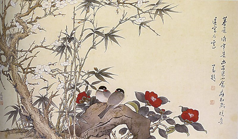 〈梅竹山茶文鳥〉。吳學讓傳統功深，細筆花鳥畫氣息典雅，帶有宋畫般的氣質。
