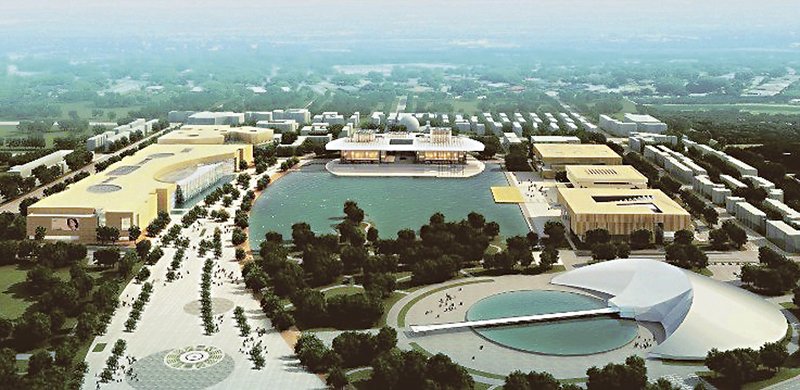 天津市文化中心空中鳥瞰圖，右下角為天津博物館舊址「天鵝館」，其上方之方形建物為天津博物館新館。圖／維基百科。