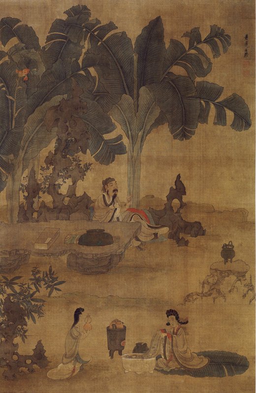 明陳洪綬〈蕉林酌酒圖〉軸。