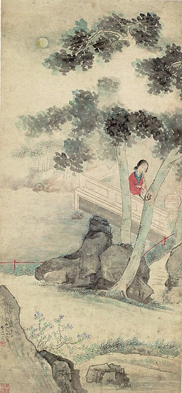 費丹旭1850年作〈吹簫仕女圖〉，設色紙本，105×48.5公分，上海博物館。