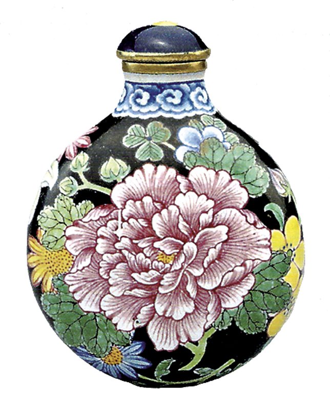 清乾隆〈金屬胎畫琺瑯西洋仕女遠眺圖鼻煙壺〉,北京故宮博物院藏。