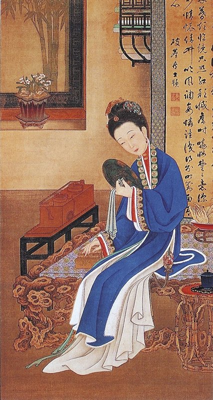 清雍正〈十二美人圖〉之裘裝對鏡,北京故宮藏。