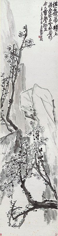 吳昌碩1911年作〈四季花卉〉聯屏之一，設色紙本，250.7×62.4公分，上海博物館。