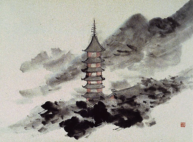 虛谷1876年作〈山水人物圖冊〉其中一開，設色紙本，38.3×52.5公分，上海博物館。