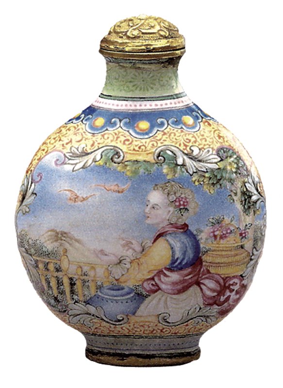清乾隆〈金屬胎畫琺瑯花鳥圖鼻煙壺〉,曾收錄於《瀚海藏珍》,台北私人藏。