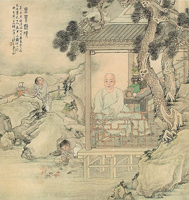 錢慧安1871年作〈烹茶洗硯〉，設色紙本，63×60公分，上海博物館。