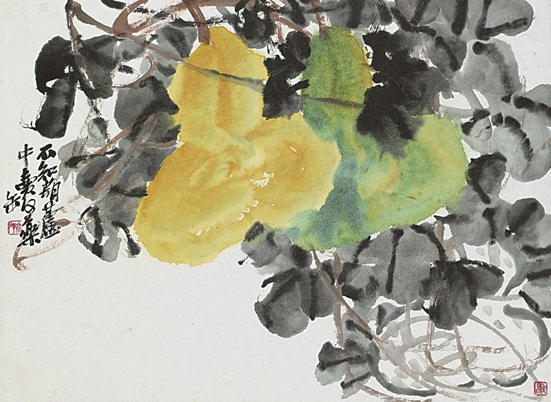吳昌碩〈花卉蔬果冊〉其中一開，設色紙本，42.8×43.2公分，上海博物館。