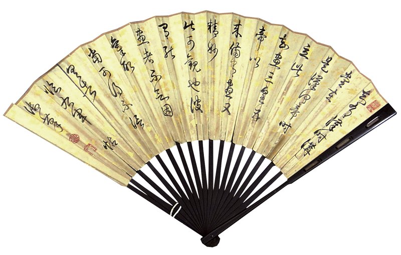 清金箋烏木股弘曆〈臨帖詩扇〉，上弦50公分，股長30公分。