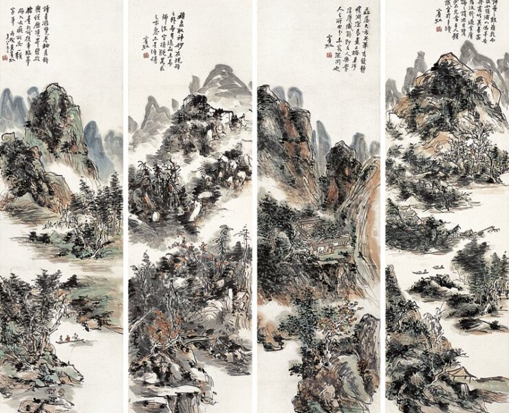 黃賓虹〈山川臥遊圖〉四屏，設色紙本立軸，每屏151×41公分。