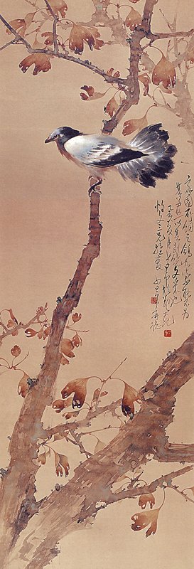 民國趙少昂1935年〈紅葉珍禽圖〉，廣東省博物館。