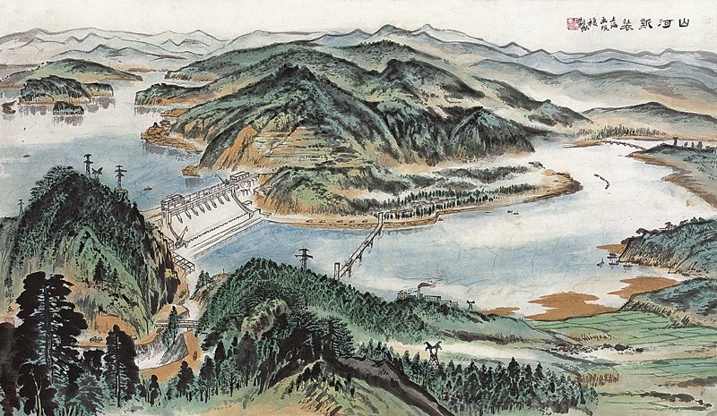 陸儼少〈峽江險水〉，設色紙本手卷，畫心34×276公分、引首34×111公分。
