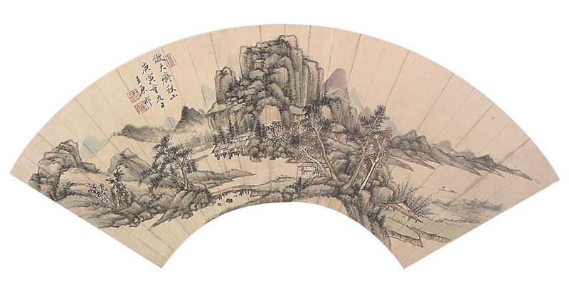 清王原祁〈設色仿大癡山水圖扇面〉，上弦57公分，下弦25公分。